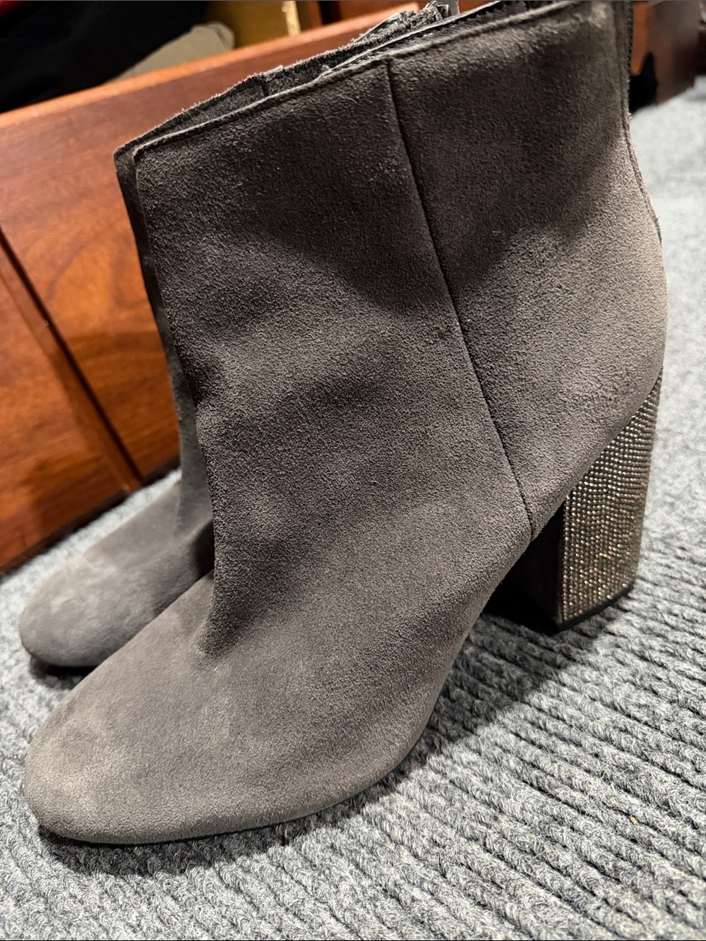 Reaction Kenneth Cole Gray Suede Ankle Boots with Embellished Block Heel
